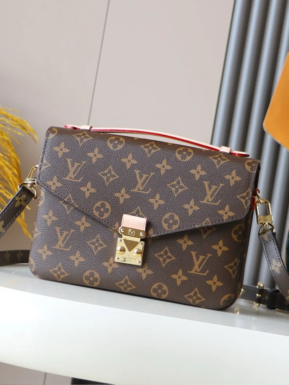 Luxury Monogram Crossbody Bag in Brown with Pink Trim
